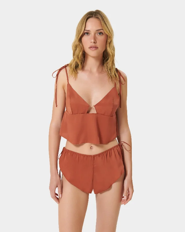 Convertible Straps Bodysuits for Multiple Styling OptionsNicole Luxury Satin Crop Cami and Short Set Baked Clay Convertible Straps Bodysuits for Multiple Styling OptionsNicole Luxury Satin Crop Cami and Short Set Baked Clay