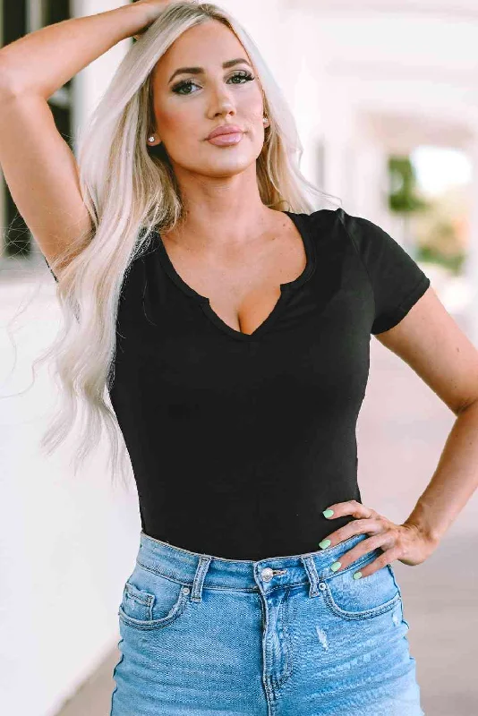 Cut - Out Bodysuits for a Trendy and Fashion - Forward StyleNotched Short Sleeve Bodysuit Cut - Out Bodysuits for a Trendy and Fashion - Forward StyleNotched Short Sleeve Bodysuit